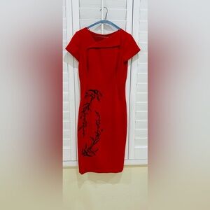 LK Bennett Red Dress with Black Floral Detail